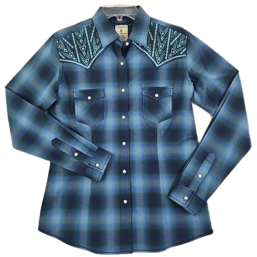 Pandhandle~Mens Size S~Blue Plaide Slim Shirt Pearl Snap-Up Cotton Blend Western